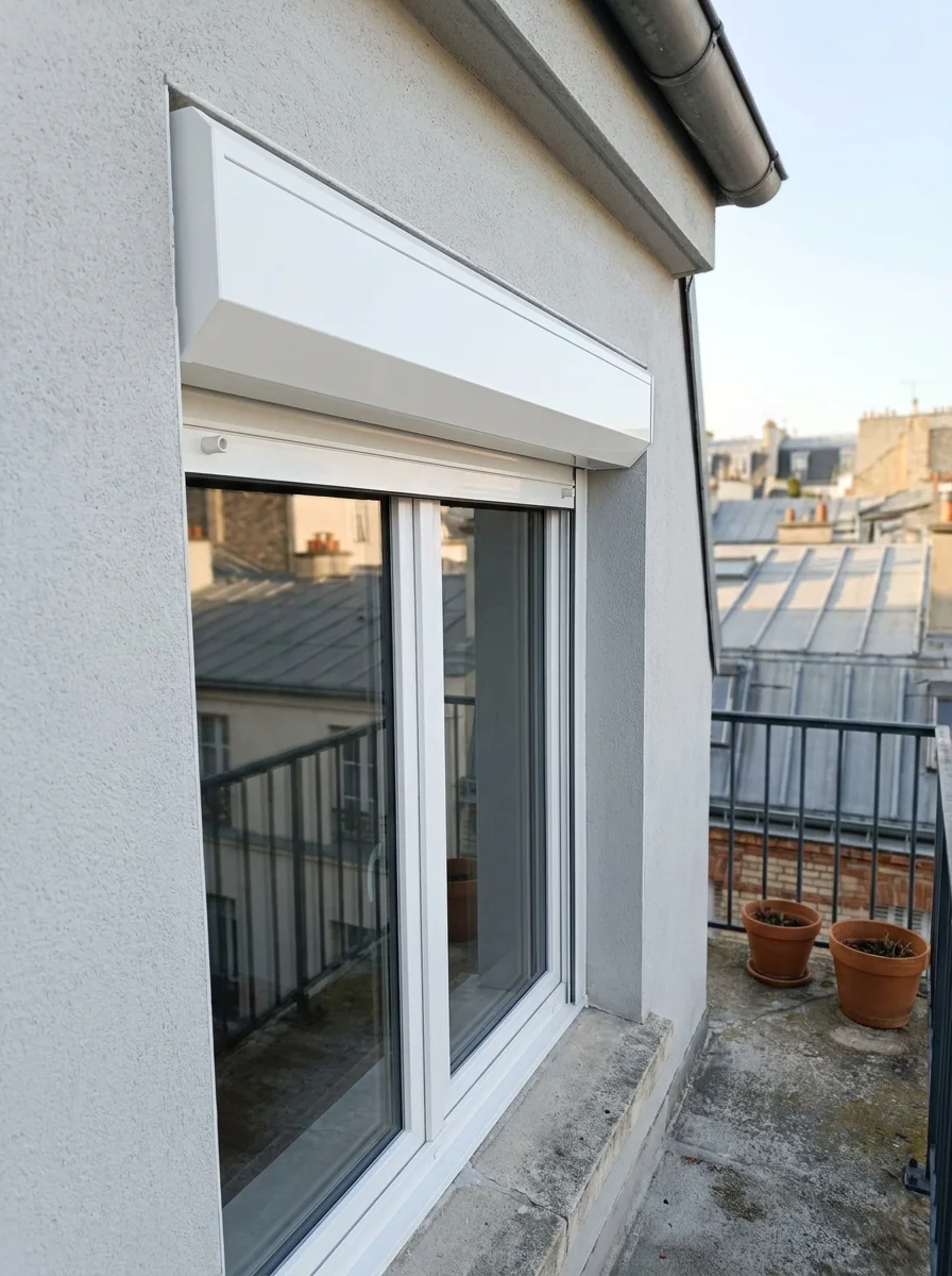 Volet roulant blanc, porte-fenêtre, ouvert