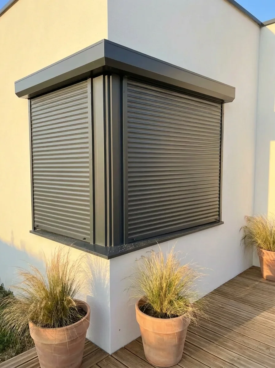 Volet roulant gris anthracite, coffre sur la façade, fermé