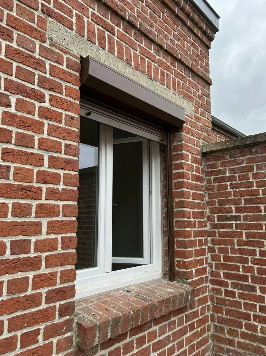 Volet roulant brun, coffre dans l’embrasure, ouvert