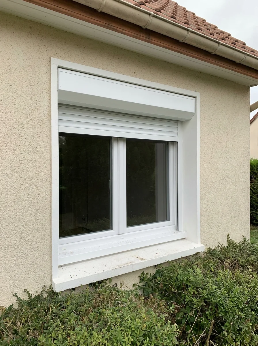 Volet roulant blanc, coffre dans l’embrasure, ouvert