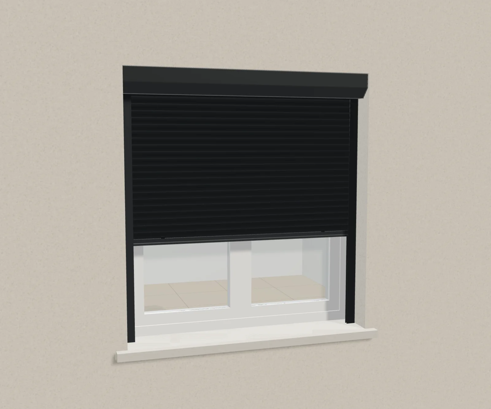 Rendu 3D du configurateur : volet roulant anthracite dans sa fenêtre